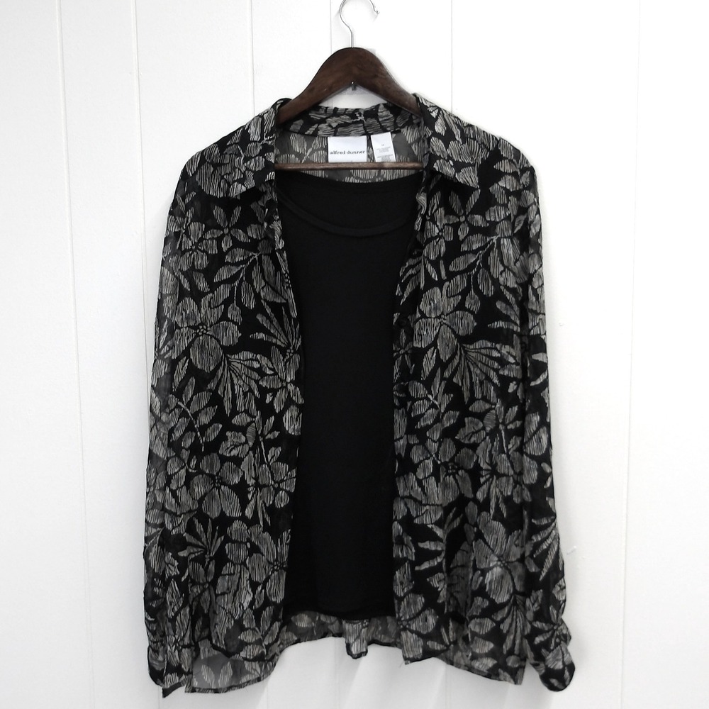 Alfred Dunner Womens 2Pc Top Set Size 14 Black Beige Abstract Print Blouse/#7248